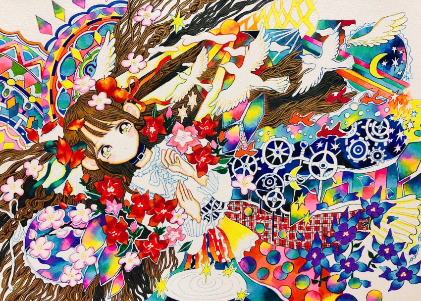 050505si 1girl abstract animal bird blue_flower braid brown_hair collar colorful crescent dutch_angle expressionless eyebrows_visible_through_hair fish flower frilled_collar frilled_sleeves frills long_hair long_sleeves looking_at_viewer no_nose original pink_flower plaid red_flower shirt solo surreal traditional_media very_long_hair white_bird white_shirt
