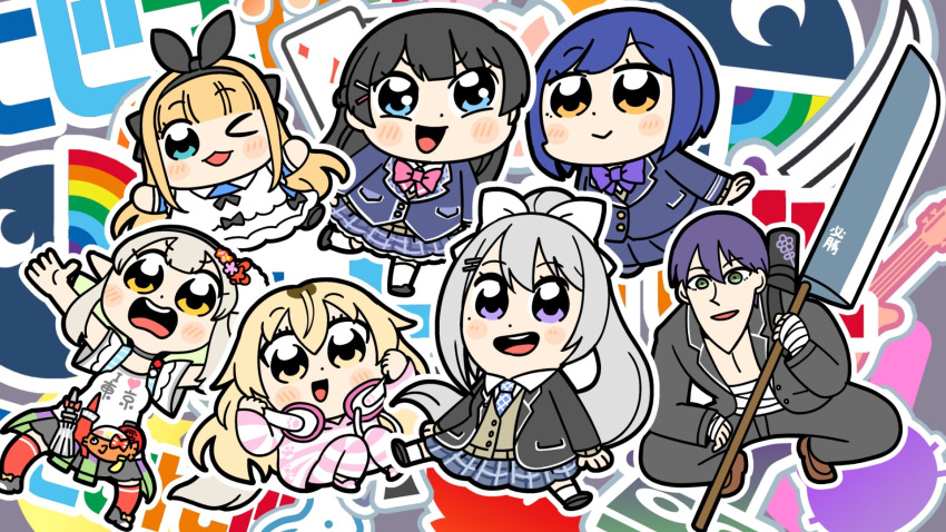 1boy 6+girls :d bkub black_hair blazer blonde_hair blue_hair blush bow bowtie chibi company_name elu_(nijisanji) eyebrows_visible_through_hair fairy_wings grey_hair hair_between_eyes hair_bow headphones headphones_around_neck high_ponytail highres higuchi_kaede holding holding_weapon jacket kneehighs long_hair looking_at_viewer mole mole_under_eye mononobe_alice multiple_girls nijisanji no_hands one_eye_closed open_mouth outline outstretched_arms pajamas plaid plaid_skirt pleated_skirt ponytail purple_hair red_legwear school_uniform shizuka_rin shoes short_hair side_ponytail skirt smile socks spread_arms squatting tsukino_mito very_long_hair weapon white_outline wings