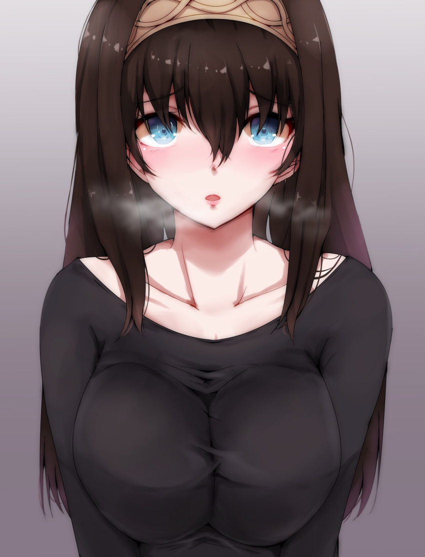 1girl bangs black_hair black_sweater blue_eyes blush breasts breathing collarbone eyebrows_visible_through_hair gradient gradient_background hair_between_eyes hairband highres idolmaster idolmaster_cinderella_girls large_breasts long_hair looking_at_viewer open_mouth ryuu. sagisawa_fumika simple_background solo sweater taut_sweater upper_body