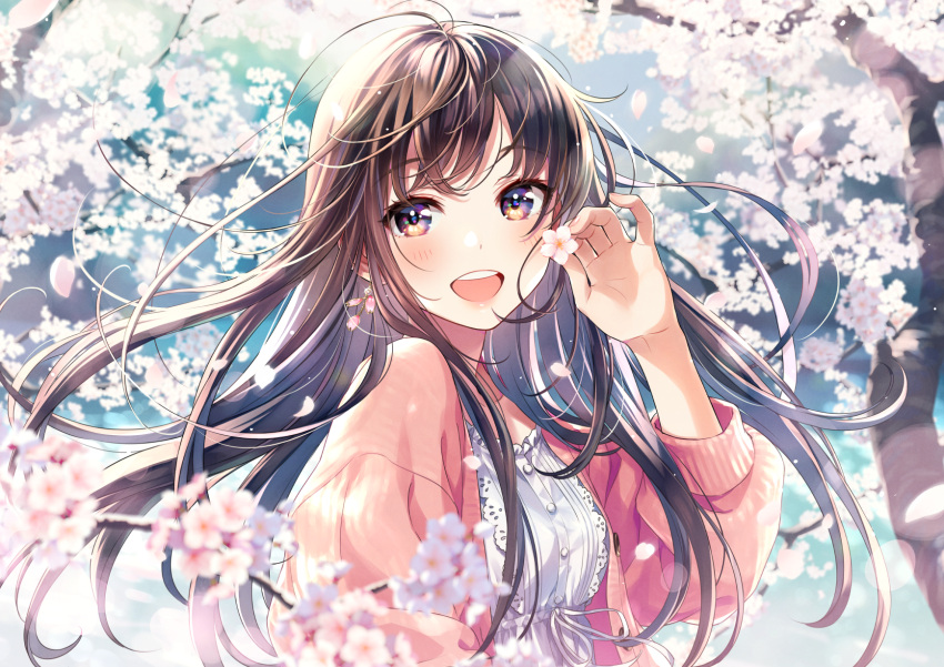 1girl bangs blue_sky blurry blurry_background blurry_foreground blush breasts brown_hair buttons cardigan cherry_blossoms collarbone day depth_of_field dress eyebrows_visible_through_hair floating_hair flower glint hair_flower hair_ornament hand_up highres holding holding_flower long_hair medium_breasts morikura_en open_cardigan open_clothes open_mouth original outdoors pink_cardigan sidelocks sky smile tree violet_eyes white_dress wind