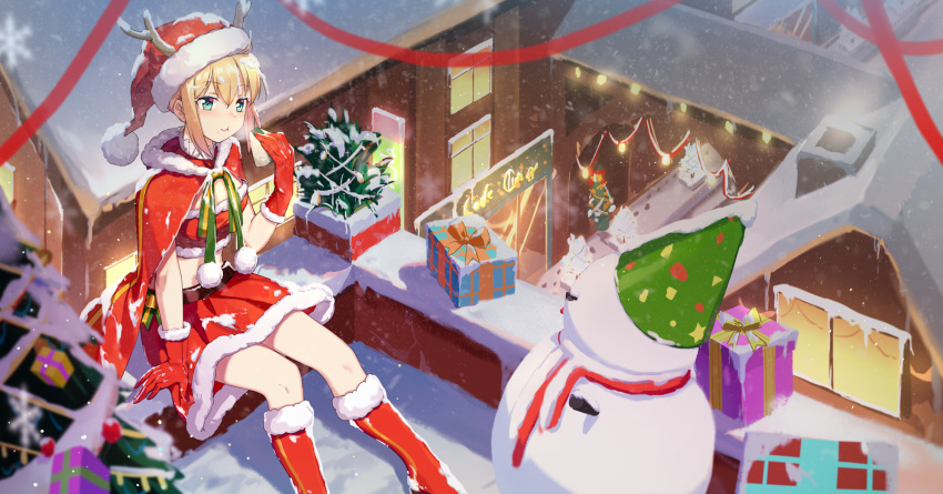 1girl antlers artoria_pendragon_(all) belt boots box cape crop_top fake_antlers fate/stay_night fate_(series) food fur-trimmed_boots fur-trimmed_cape fur-trimmed_gloves fur-trimmed_hat fur-trimmed_skirt fur_trim gift gift_box gloves hat highres holding holding_food midriff miniskirt onigiri outdoors pleated_skirt red_cape red_footwear red_gloves red_hat red_ribbon red_skirt reindeer_antlers ribbon saber santa_boots santa_gloves santa_hat sitting skirt snowing snowman solo stomach wujia_xiaozi