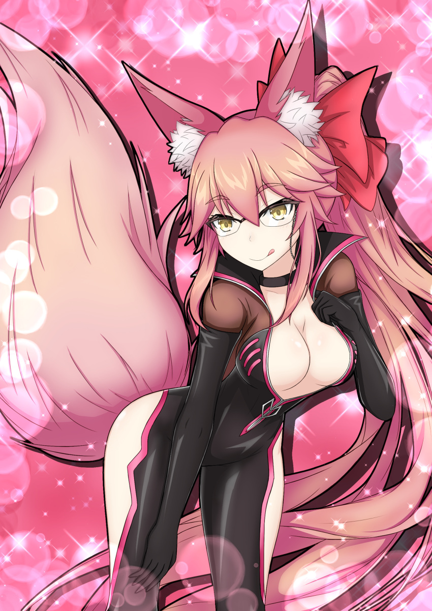 1girl absurdres animal_ears black_bodysuit bodysuit bow breasts cleavage collarbone eyebrows_visible_through_hair fate/grand_order fate_(series) fox_ears fox_tail glasses hair_bow highres koyanskaya large_breasts long_hair looking_at_viewer nepsuka_(hachisuka) pink_hair pink_ribbon ribbon side_ponytail smile solo tail tamamo_(assassin)_(fate) tamamo_(fate)_(all) tongue very_long_hair yellow_eyes
