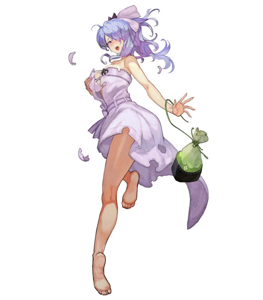 1girl bag bangs bare_arms bare_legs bare_shoulders barefoot breasts camilla_(fire_emblem_if) dress feet fire_emblem fire_emblem_heroes fire_emblem_if full_body hair_ornament hand_on_own_chest highres large_breasts leg_up long_hair looking_back nintendo official_art open_mouth ponytail purple_hair soles solo strapless strapless_dress toes torn_clothes transparent_background violet_eyes