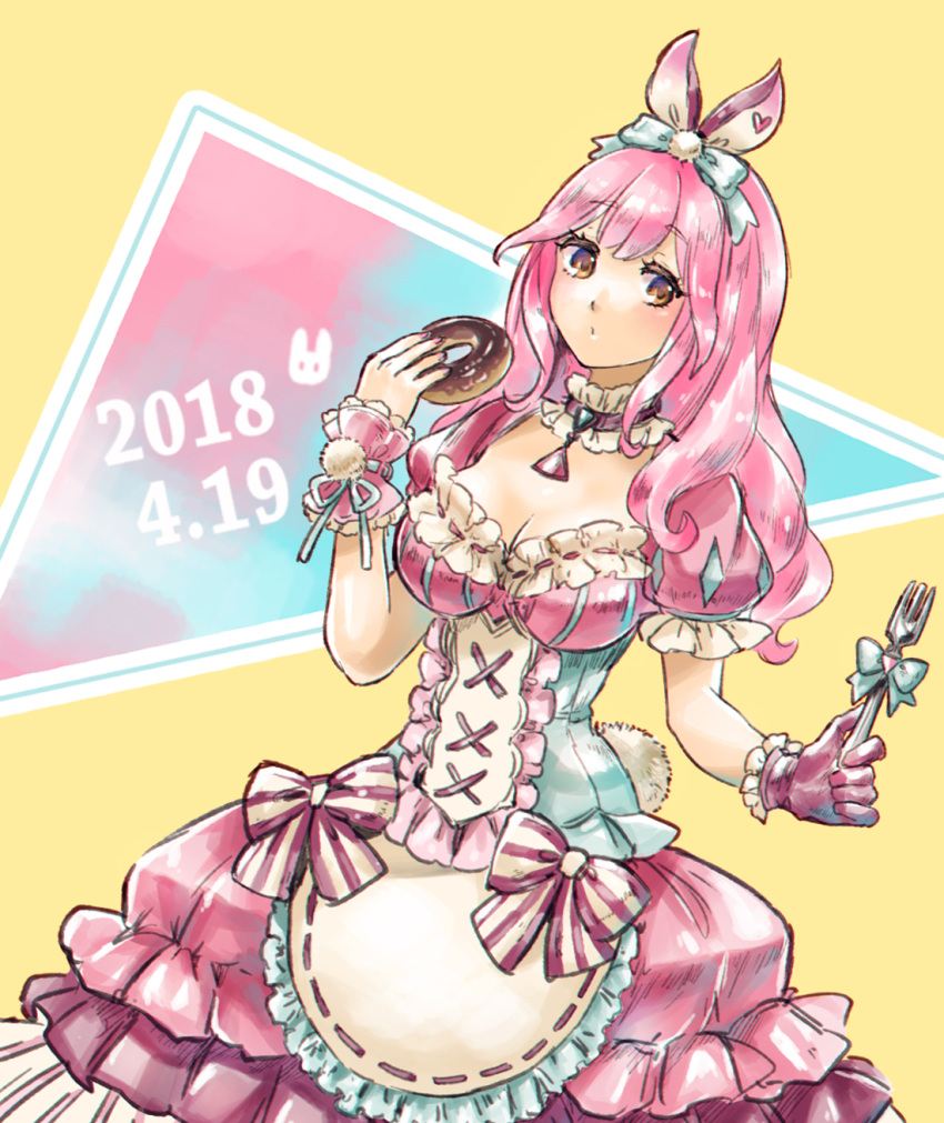 1girl 2018 animal_ears apron aqua_bow asymmetrical_gloves bow breasts brown_eyes bunny_tail choker cleavage dated doughnut dress fake_animal_ears fake_tail food fork frilled_apron frilled_gloves frills gloves hair_bow highres holding holding_food holding_fork large_breasts lolita_fashion long_hair looking_at_viewer macross macross_delta makina_nakajima pink_dress pink_gloves pink_hair rabbit_ears shimatani_azu shiny shiny_hair short_sleeves solo standing striped striped_bow tail waist_apron white_apron wrist_cuffs yellow_bow