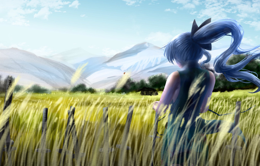 1girl alternate_costume alternate_hair_length alternate_hairstyle armpit_peek bare_arms bare_shoulders blue_sky clouds commentary_request cowboy_shot day facing_away from_behind green_skirt green_vest hair_blowing hair_ribbon highres kamui_(sujmda) katana konpaku_youmu long_hair mountain outdoors planted_sword planted_weapon ponytail ribbon scenery silver_hair skirt sky solo standing sword tall_grass touhou very_long_hair vest weapon wind
