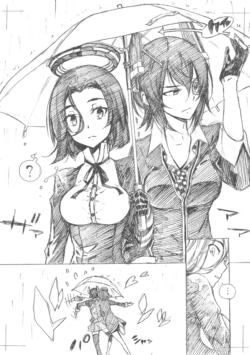 2girls absurdres breasts eyepatch gloves hair_between_eyes headgear highres kantai_collection kojima_takeshi mechanical_halo monochrome multiple_girls partly_fingerless_gloves shared_umbrella tatsuta_(kantai_collection) tenryuu_(kantai_collection) thigh-highs traditional_media umbrella