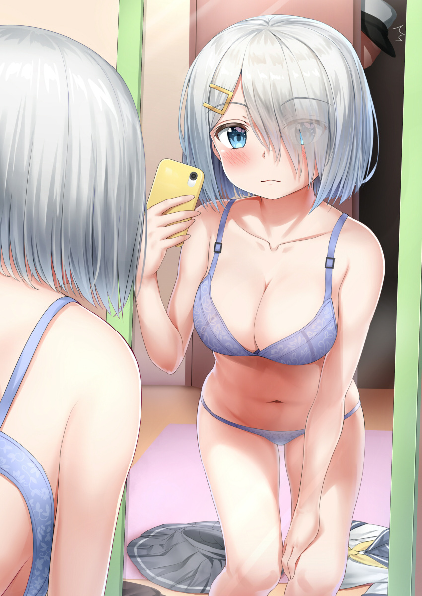 1boy 1girl absurdres admiral_(kantai_collection) blue_eyes blush bra cellphone clothes_removed collarbone commentary_request door eyebrows_visible_through_hair eyes_visible_through_hair grey_skirt hair_ornament hair_over_one_eye hairclip hamakaze_(kantai_collection) highres holding holding_cellphone holding_phone indoors kantai_collection mirror navel nedia_(nedia_region) panties phone pleated_skirt reflection short_hair silver_hair skirt skirt_removed smartphone solo_focus underwear underwear_only