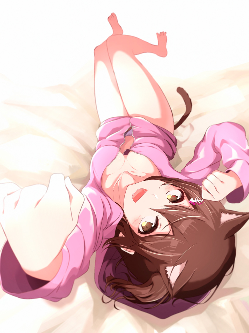 1girl :d animal_ears barefoot brown_eyes brown_hair cardigan cat_ears cat_tail daisu eyebrows_visible_through_hair from_above from_behind full_body hair_between_eyes hair_ornament hairclip highres idolmaster idolmaster_million_live! kasuga_mirai long_sleeves looking_at_viewer lying on_back open_cardigan open_clothes open_mouth pink_sweater short_hair smile solo sweater tail