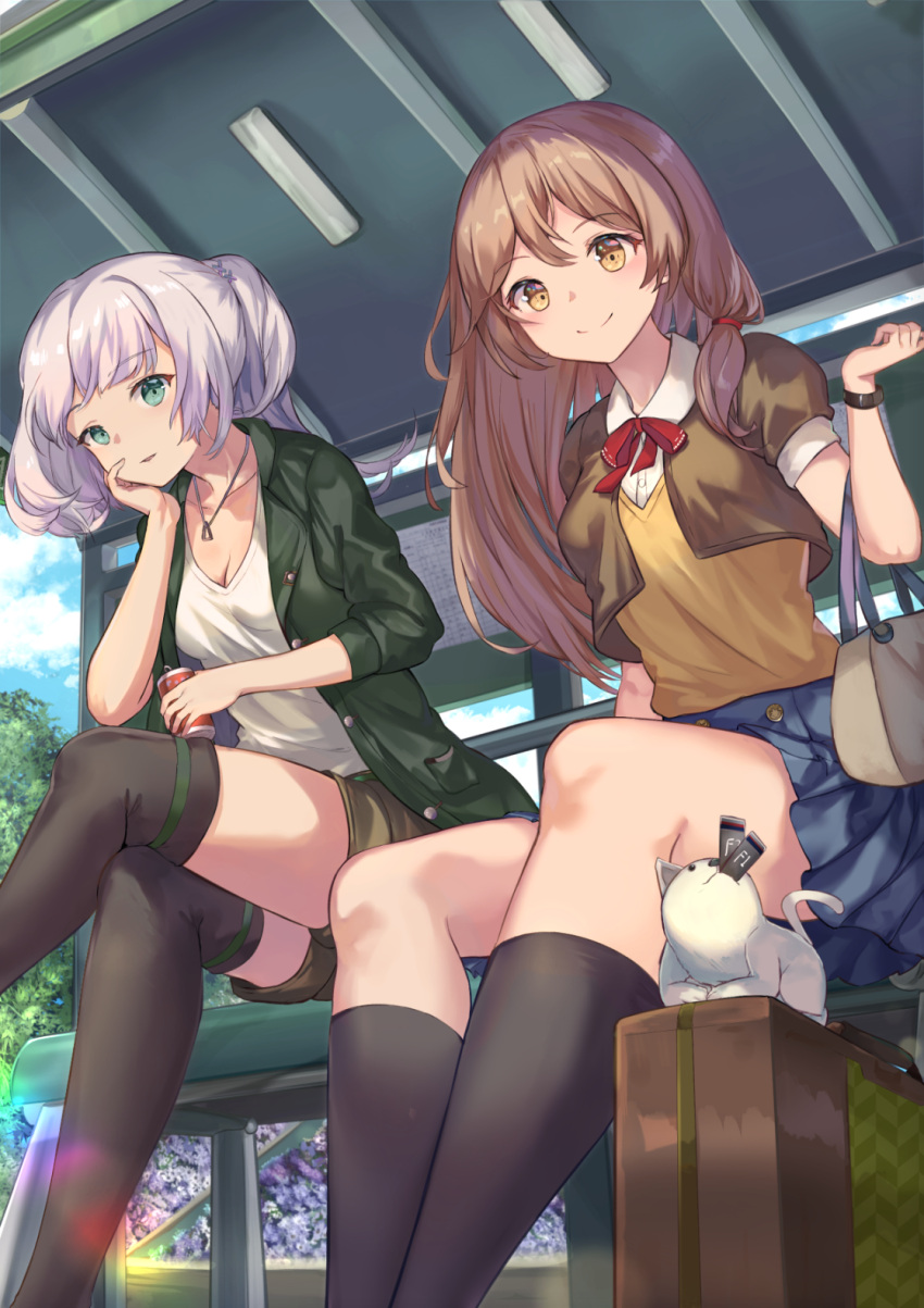2girls animal bag bangs bench blue_skirt blue_sky blush breasts brown_eyes brown_hair brown_jacket brown_legwear brown_shirt brown_shorts bus_stop buttons can chin_rest cleavage closed_mouth clouds coat collarbone collared_shirt cropped_jacket day eyebrows_visible_through_hair from_below green_coat green_eyes hand_up highres holding holding_can jacket jewelry kneehighs long_hair looking_at_viewer medium_breasts miniskirt mosta_(lo1777789) multiple_girls neck_ribbon necklace open_clothes open_coat original outdoors parted_lips pleated_skirt red_neckwear ribbon shirt short_sleeves shorts shoulder_bag sidelocks silver_hair sitting skirt sky smile thigh-highs tree undershirt white_shirt wing_collar wristband
