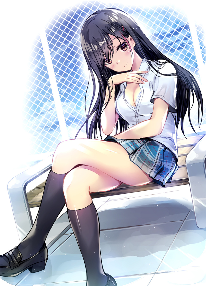 1girl bangs black_footwear black_hair black_legwear blue_skirt blush bra breasts brown_eyes buttons cleavage closed_mouth collared_shirt commentary_request eyebrows_visible_through_hair hair_ornament hairclip hand_up highres kneehighs kobayashi_chisato legs_crossed loafers long_hair looking_at_viewer medium_breasts miniskirt multicolored_hair original partially_unbuttoned pink_hair plaid plaid_skirt pleated_skirt school_uniform shirt shoes short_sleeves sidelocks sitting skirt smile solo streaked_hair thighs underwear v-shaped_eyebrows white_bra white_shirt