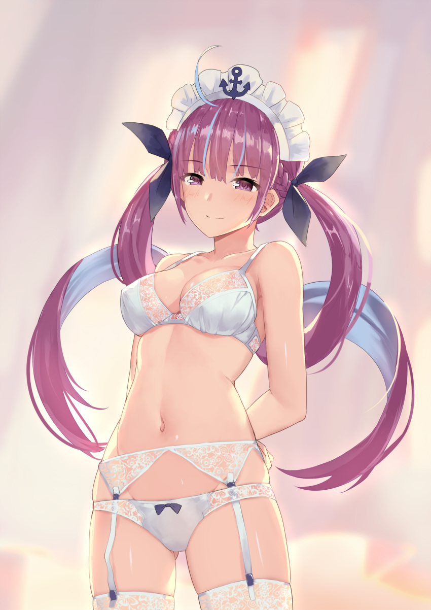 1girl ahoge anchor_symbol arms_behind_back black_ribbon blush bow bow_panties bra braid breasts closed_mouth collarbone eyebrows_visible_through_hair garter_belt garter_straps gluteal_fold hair_ribbon highres hololive long_hair looking_at_viewer maid_headdress medium_breasts minato_aqua multicolored_hair navel panties purple_hair ribbon smile solo standing stomach streaked_hair twintails underwear underwear_only very_long_hair violet_eyes virtual_youtuber weiyinji_xsk white_bra white_legwear white_panties
