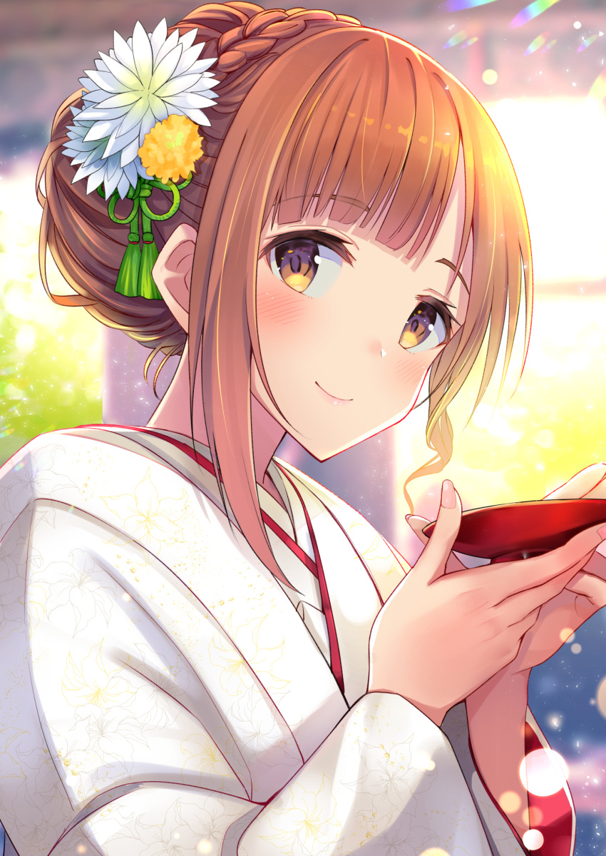 1girl bangs blurry blurry_background blush braid brown_eyes brown_hair closed_mouth commentary_request crown_braid cup day depth_of_field eyebrows_visible_through_hair fingernails floral_print flower hair_flower hair_ornament hands_up highres holding holding_cup idolmaster idolmaster_cinderella_girls igarashi_kyouko japanese_clothes kimono long_sleeves nail_polish pink_nails sakazuki sidelocks smile solo sunlight u_rin upper_body white_flower white_kimono wide_sleeves