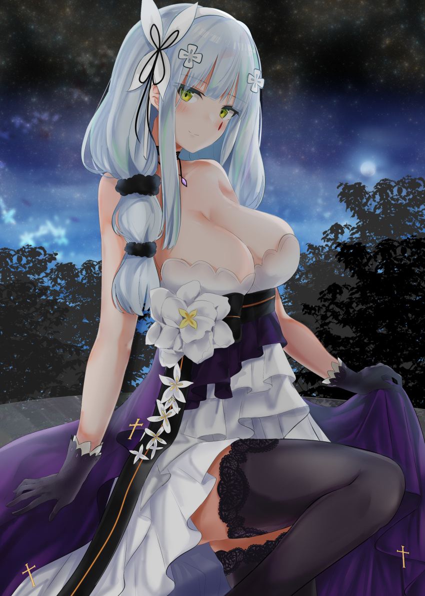 1girl absurdres alternate_costume amethyst_(gemstone) bangs black_footwear black_gloves black_legwear blunt_bangs blush breasts cleavage cross dress dress_lift embarrassed eyebrows_visible_through_hair facial_mark girls_frontline gloves green_eyes grey_background hair_ornament hair_ribbon hairband highres hk416_(girls_frontline) jewelry knee_up lace lace-trimmed_legwear large_breasts layered_dress leaning_forward lifted_by_self long_hair looking_at_viewer necklace night outdoors ribbon ru_zhai sidelocks silver_hair sitting sky smile solo star_(sky) starry_sky strapless strapless_dress teardrop thigh-highs tress_ribbon very_long_hair white_hairband