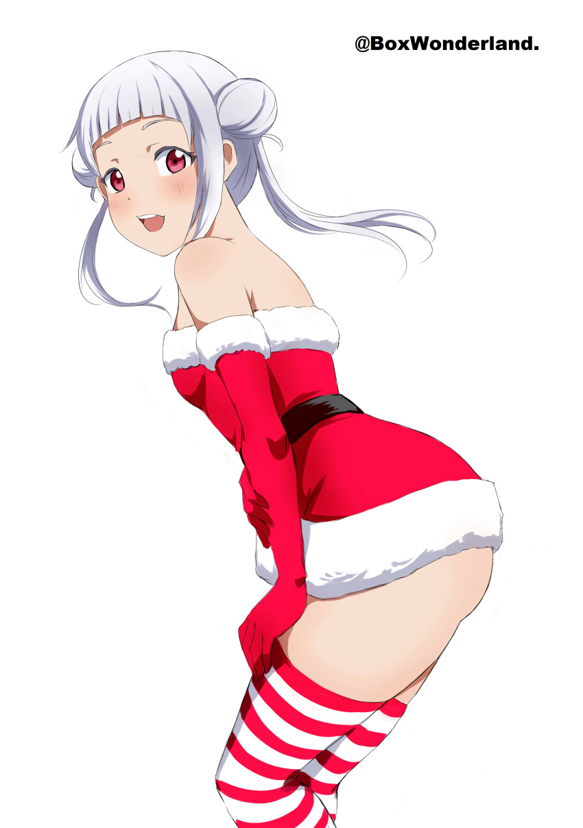 1girl absurdres angel_gabriel. arashi_chisato ass bangs bare_shoulders blunt_bangs breasts double_bun dress elbow_gloves fur_trim gloves highres looking_at_viewer looking_back love_live! love_live!_superstar!! red_dress red_eyes red_gloves santa_costume santa_dress simple_background small_breasts solo strapless strapless_dress striped striped_legwear thigh-highs white_background white_hair