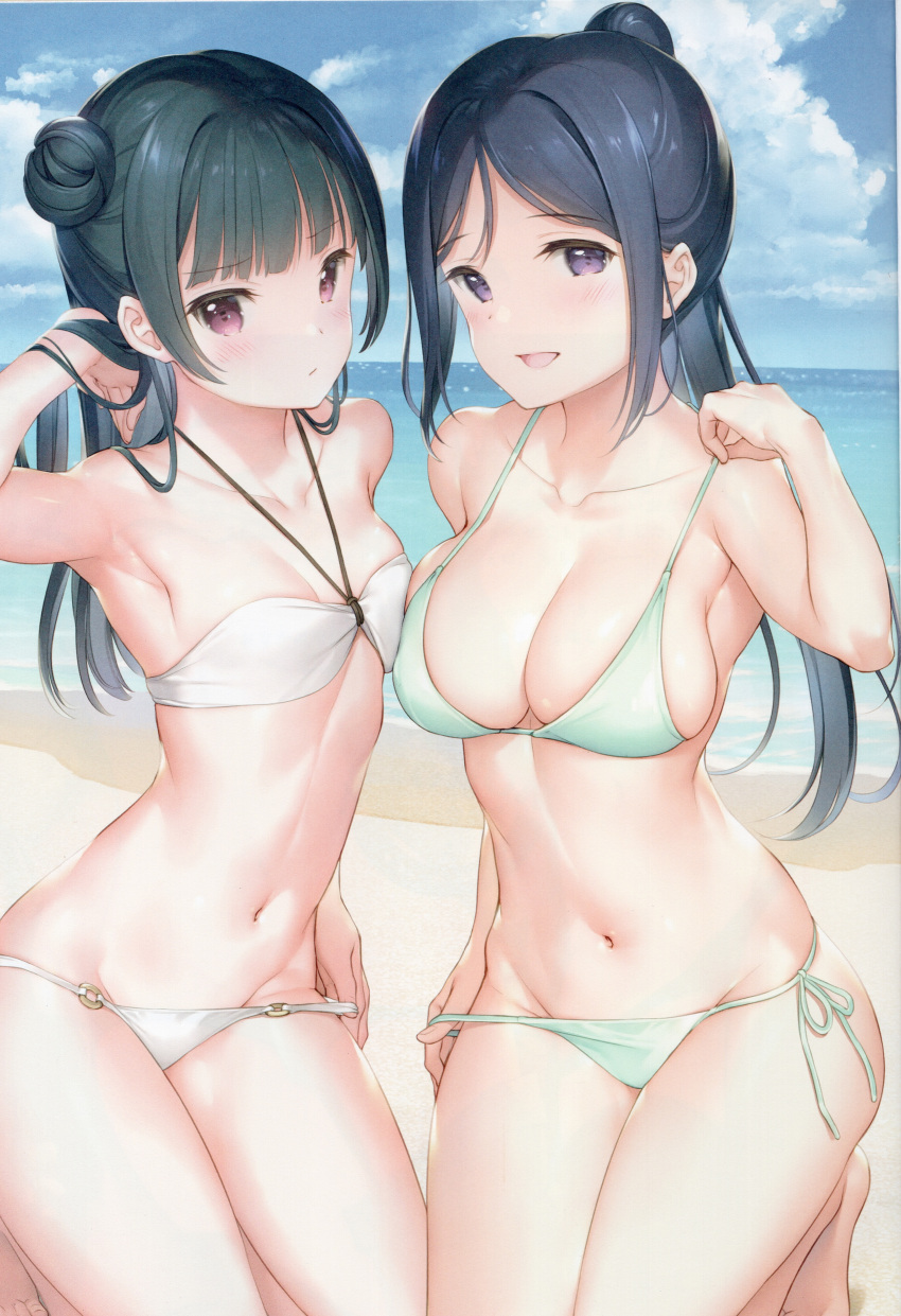 2girls absurdres arm_up armpits asymmetrical_docking bandeau bangs bare_arms bare_legs bare_shoulders barefoot beach bikini bikini_pull black_hair blue_hair blush breast_press breasts cleavage clouds collarbone day embarrassed eyebrows_visible_through_hair green_bikini hair_brushing hair_tucking halterneck high_ponytail highres hip_bones horizon huge_filesize kneeling large_breasts light_smile long_hair looking_at_viewer love_live! love_live!_sunshine!! matsuura_kanan mignon multiple_girls navel o-ring o-ring_bikini o-ring_bottom ocean open_mouth outdoors ponytail pulled_by_self red_eyes sand scan shiny shiny_skin side-tie_bikini side_bun sidelocks skindentation sky small_breasts smile string_bikini swimsuit tsushima_yoshiko violet_eyes white_bikini