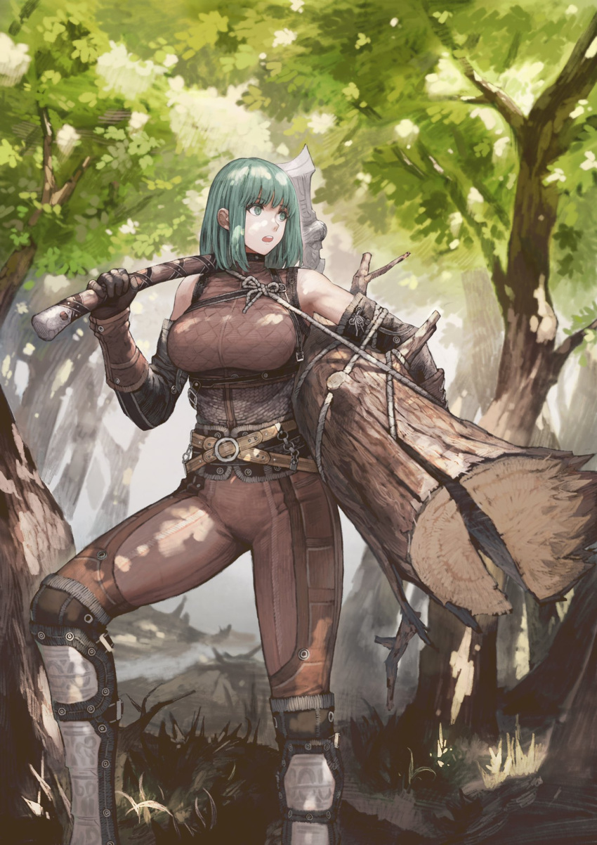 1girl axe bare_shoulders belt bodysuit breasts character_request commentary elbow_gloves english_commentary forest gloves green_eyes green_hair highres holding holding_axe jun_(seojh1029) large_breasts log long_hair nature open_mouth original outdoors rope sash shin_guards solo strap tree