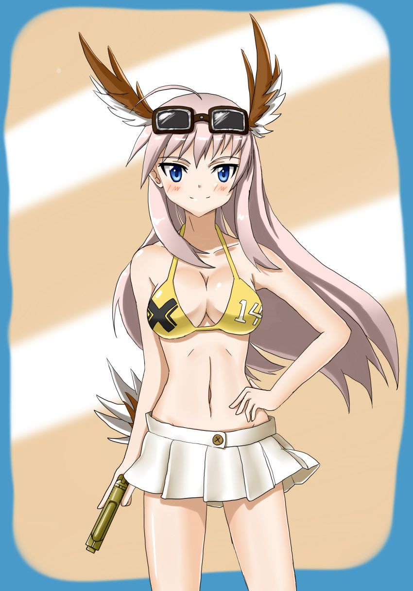 absurdres ahoge blue_eyes blush breasts brown_hair cleavage cleavage_cutout goggles goggles_on_head graphite_(medium) groin gun hand_on_hip handgun hanna-justina_marseille head_wings highres hiroshi_(hunter-of-kct) long_hair medium_breasts navel pistol smile strike_witches swimsuit tail_feathers traditional_media weapon world_witches_series