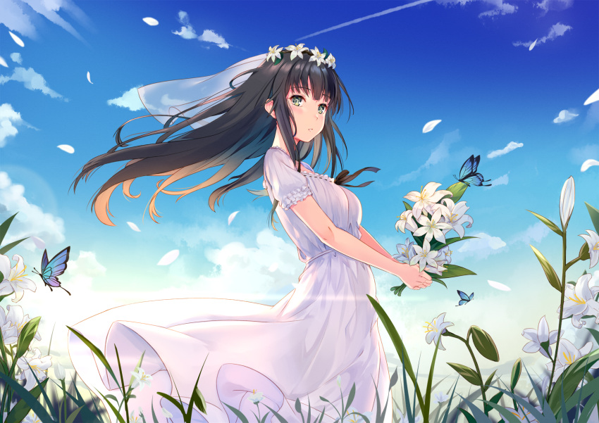 1girl bangs bare_arms blue_sky blush breasts brown_hair bug butterfly clouds commentary day dress floating_hair flower flowers_(innocent_grey) green_eyes head_wreath highres holding holding_flower insect lily_(flower) long_hair looking_at_viewer medium_breasts outdoors parted_lips plant shirahane_suou short_sleeves sidelocks sky solo white_dress white_flower wide_shot wind yongheng_zhi_wu