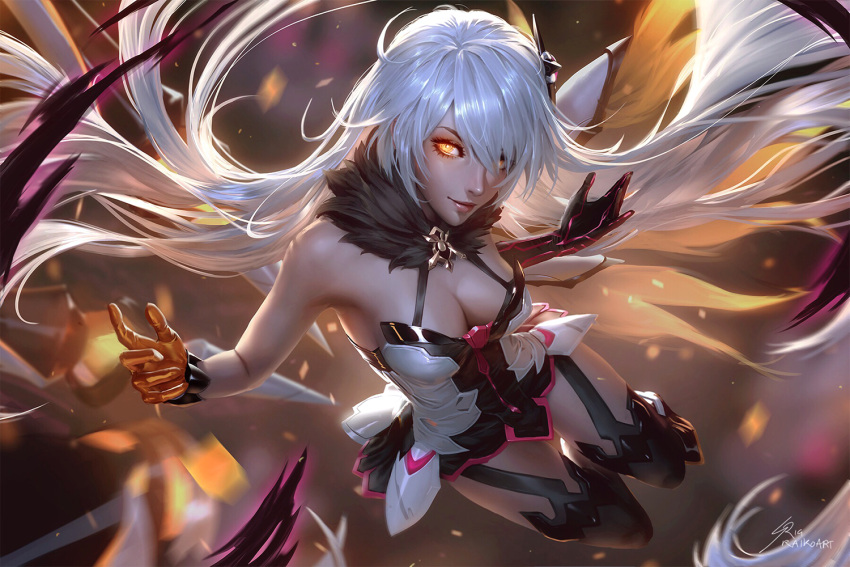 1girl ahoge armor armored_dress bangs bare_shoulders blurry blurry_background breasts cleavage dark_persona diamond-shaped_pupils dress elbow_gloves energy_wings eyebrows_visible_through_hair floating floating_hair fur-trimmed_dress gloves glowing glowing_eyes hair_between_eyes hair_ornament hands_up herrscher_of_the_void honkai_(series) honkai_impact_3 jewelry kiana_kaslana large_breasts light_particles long_hair looking_at_viewer medium_breasts raikoart red_lips sidelocks signature silver_hair single_elbow_glove smile solo symbol-shaped_pupils thigh-highs very_long_hair yellow_eyes