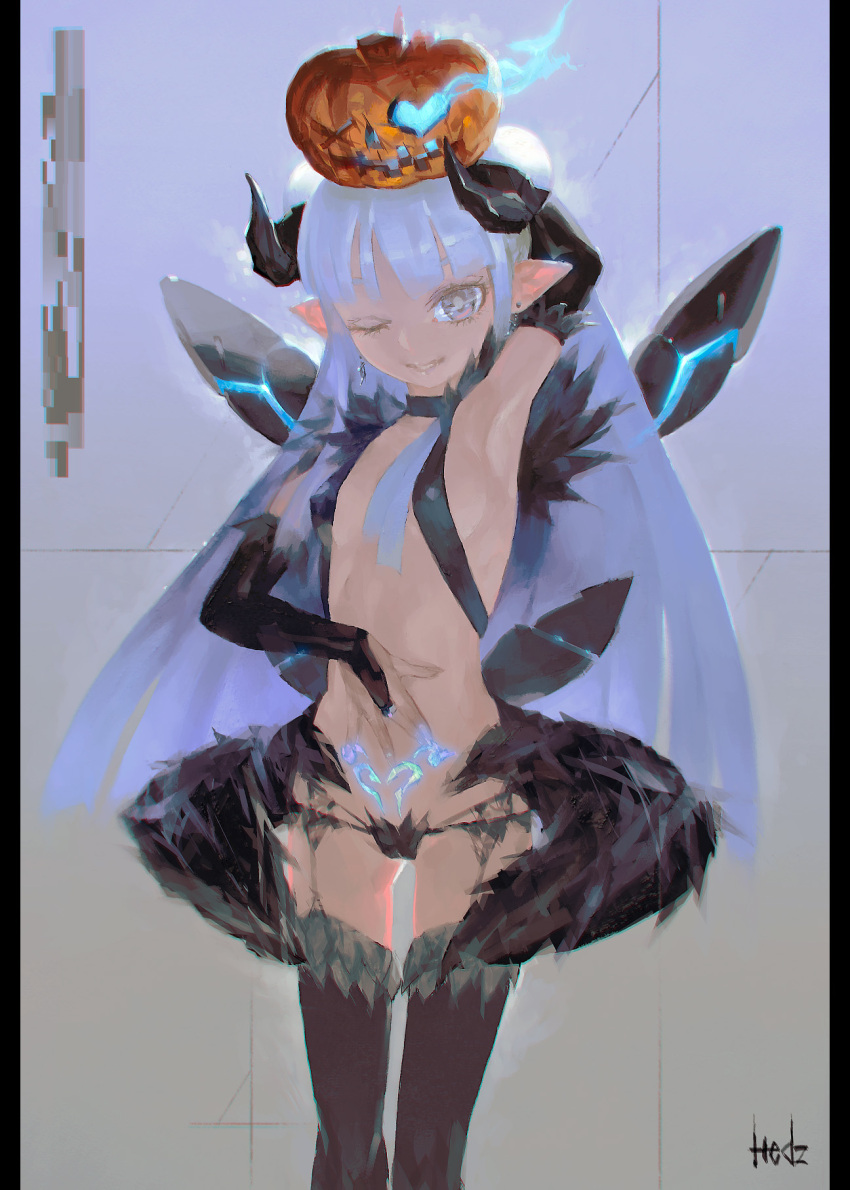 1girl arm_behind_head black_gloves black_horns black_legwear blue_fire breasts bridal_gauntlets commentary_request covering_navel earrings erect_nipples feet_out_of_frame fire gloves grey_eyes highres horns jack-o'-lantern jewelry jnt long_hair looking_at_viewer object_on_head one_eye_closed original pointy_ears purple_hair signature small_breasts smile solo very_long_hair