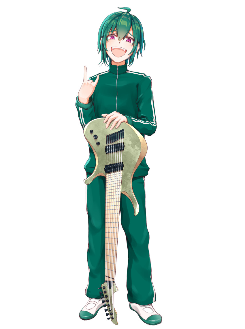 1other :d \m/ absurdres androgynous full_body green_hair green_jacket green_pants guitar guitaro_(yabasaki_taro) highres instrument jacket long_sleeves nijisanji open_mouth pants ryuushen shoes smile sneakers solo standing track_jacket track_pants track_suit violet_eyes virtual_youtuber white_background white_footwear