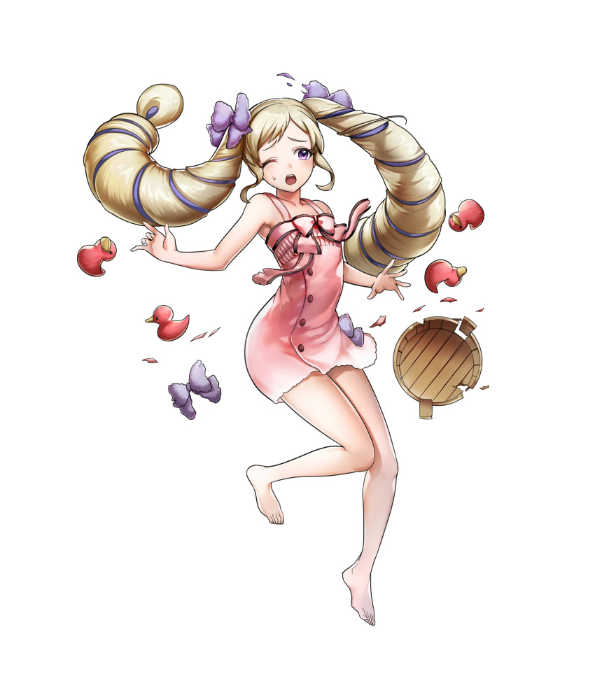 1girl bangs bare_legs bare_shoulders barefoot blonde_hair breasts bucket dress elise_(fire_emblem_if) feet fire_emblem fire_emblem_heroes fire_emblem_if full_body hair_ribbon highres mikurou_(nayuta) multicolored_hair nintendo official_art purple_hair purple_ribbon ribbon rubber_duck short_sleeves small_breasts solo toes twintails violet_eyes wooden_bucket