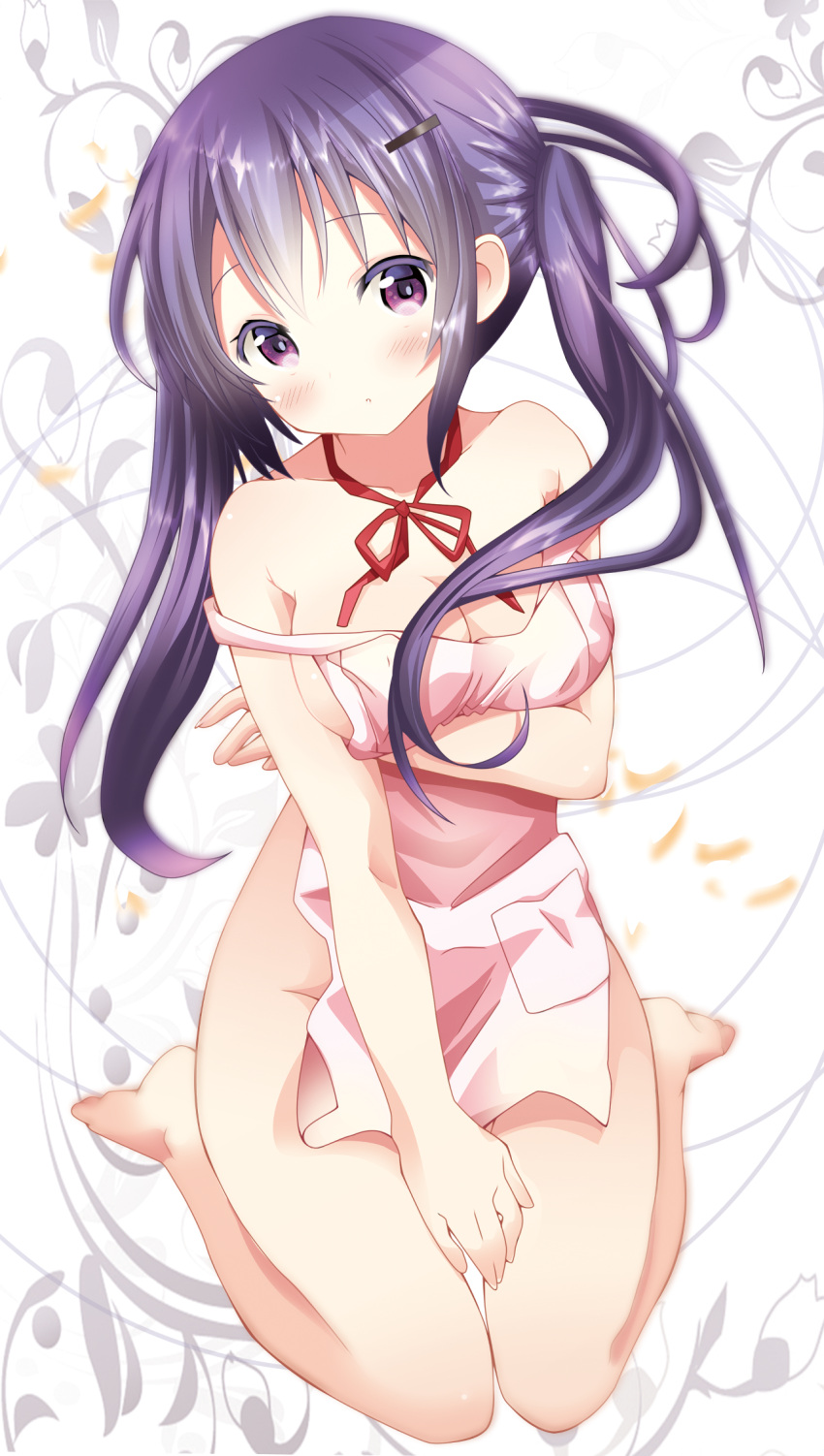 1girl apron barefoot blush breasts cleavage collarbone floating_hair full_body gochuumon_wa_usagi_desu_ka? hair_ornament hairclip head_tilt highres kneeling kohakugin long_hair looking_at_viewer medium_breasts naked_apron neck_ribbon off_shoulder parted_lips purple_hair red_ribbon ribbon shiny shiny_hair sideboob solo tedeza_rize twintails very_long_hair violet_eyes white_apron