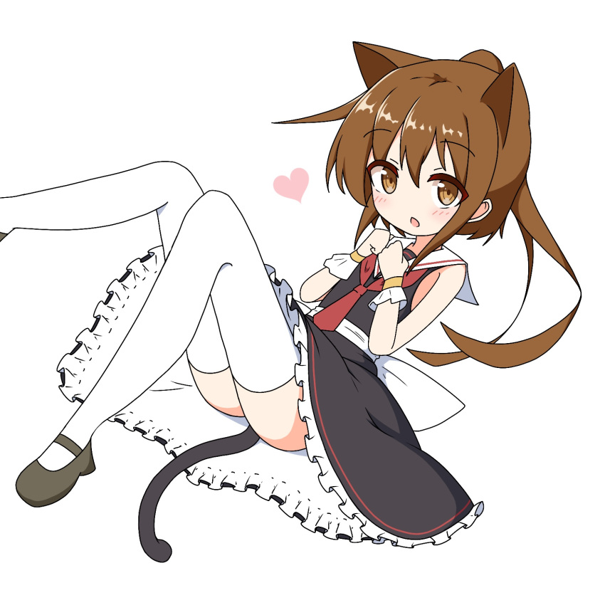 1girl animal_ears ass bangs bare_shoulders black_dress blush brown_eyes brown_footwear brown_hair cat_ears cat_girl cat_tail chestnut_mouth commentary_request dress eyebrows_visible_through_hair frilled_dress frills fumizuki_(kantai_collection) hair_between_eyes heart high_ponytail highres ichi kantai_collection kemonomimi_mode knees_up looking_at_viewer lying necktie on_back parted_lips ponytail red_neckwear sailor_collar sailor_dress shoes sidelocks simple_background sleeveless sleeveless_dress solo tail thigh-highs white_background white_legwear white_sailor_collar