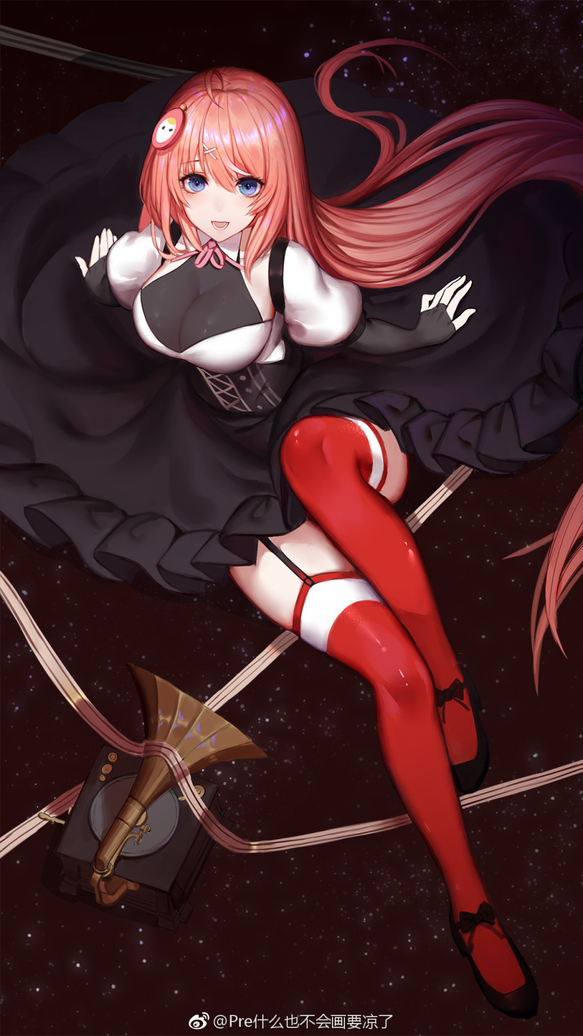 1girl :d ahoge black_gloves blue_eyes breasts bridal_gauntlets cleavage copyright_request corset dress elbow_gloves fingerless_gloves from_above garter_straps gloves hair_between_eyes hair_ornament highres large_breasts long_hair open_mouth pink_hair pre_(17194196) red_legwear see-through sheer_clothes sitting smile solo thigh-highs very_long_hair weibo_username x_hair_ornament