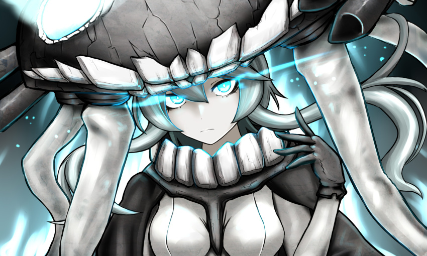 1girl black_cape black_gloves blue_eyes breasts cape commentary_request frown gloves glowing glowing_eyes grey_hair hat head_tilt highres kantai_collection looking_at_viewer medium_breasts pale_skin shinkaisei-kan short_hair_with_long_locks solo tekudai tentacle upper_body wo-class_aircraft_carrier