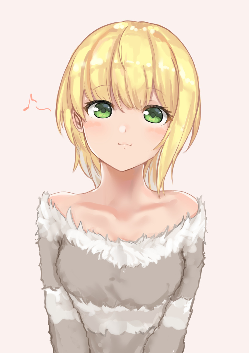 1girl absurdres blonde_hair collarbone eyebrows_visible_through_hair green_eyes grey_background grey_sweater highres idolmaster idolmaster_cinderella_girls looking_at_viewer miramu_(ramu450471) miyamoto_frederica musical_note off-shoulder_sweater shiny shiny_hair short_hair simple_background solo striped striped_sweater sweater upper_body