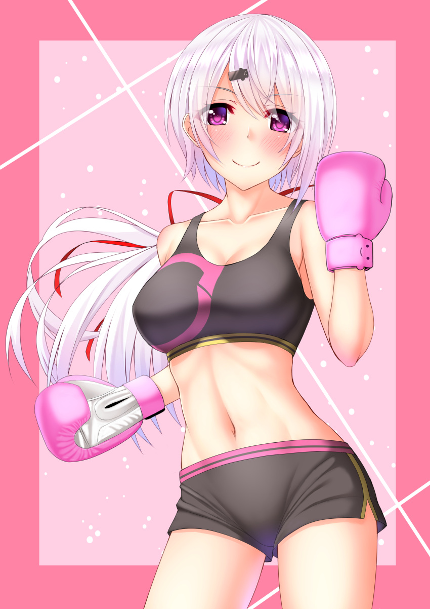 1girl absurdres bangs bare_arms bare_shoulders blush boxing_gloves boyshorts breasts cleavage closed_mouth collarbone commentary_request contrapposto cowboy_shot eyebrows_visible_through_hair hair_ornament hair_ribbon hairclip hand_up highres long_hair looking_at_viewer low_ponytail medium_breasts navel nijisanji pink_background ribbon shiina_yuika shiny shiny_hair shirouzu_myuuta short_shorts shorts smile smiley_face solo sports_bra stomach tareme toned very_long_hair violet_eyes white_hair