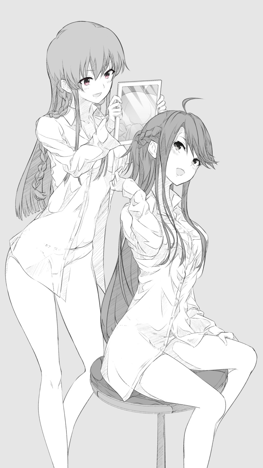 2girls :d absurdres ahoge braid brown_eyes collarbone crown_braid daisu dress_shirt grey_background greyscale hand_on_lap head_tilt highres holding_mirror idolmaster idolmaster_million_live! kousaka_umi long_hair monochrome multiple_girls open_clothes open_mouth open_shirt panties see-through shirt simple_background single_braid sitting smile standing tokoro_megumi underwear