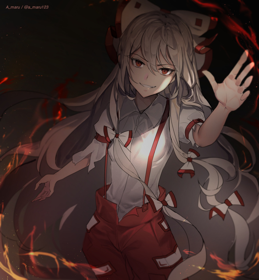 1girl absurdres bangs blurry bow breasts collared_shirt cowboy_shot dark fire fujiwara_no_mokou grin hair_between_eyes hair_bow hand_up head_tilt highres long_hair looking_at_viewer pants red_eyes red_pants shirt short_sleeves silver_hair smile solo standing suspenders teeth touhou twitter_username unity_(ekvmsp02) very_long_hair white_bow white_shirt