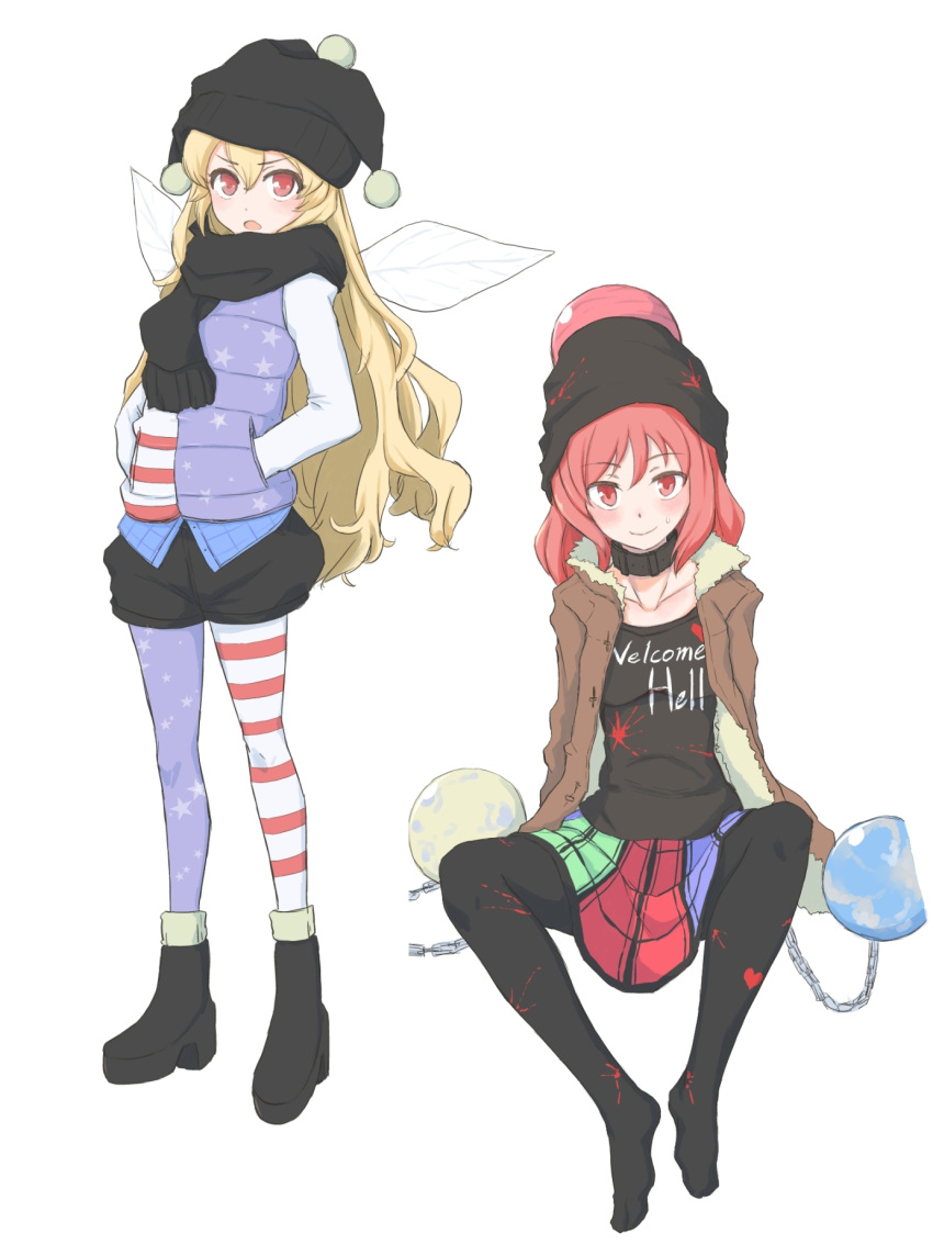 2girls :o alternate_costume american_flag_legwear arms_behind_back bangs black_footwear black_hat black_legwear black_shirt blonde_hair blush boots breasts brown_coat casual chains closed_mouth clothes_writing clownpiece coat collar collarbone eyebrows_visible_through_hair fairy_wings fur-trimmed_coat fur_trim hands_in_pockets hat hecatia_lapislazuli high_heel_boots high_heels highres jack_(wkm74959) jester_cap long_hair long_sleeves looking_at_viewer medium_breasts medium_hair multicolored multicolored_clothes multicolored_skirt multiple_girls no_shoes open_clothes open_coat open_mouth pantyhose plaid plaid_skirt polos_crown print_legwear print_vest puffy_shorts red_eyes redhead shirt shorts simple_background sitting skirt smile sphere star star_print sweat touhou v-shaped_eyebrows very_long_hair white_background white_shirt wings