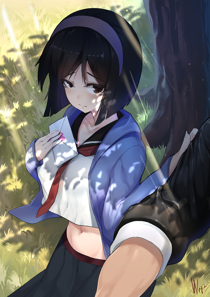 1girl black_hair black_skirt blue_hairband breasts brown_eyes character_request d-cao dappled_sunlight day envelope facing_viewer grass hairband hand_up highres medium_breasts navel outdoors red_neckwear school_uniform short_hair sideways_glance sitting skirt sunlight the_king_of_fighters tree uniform