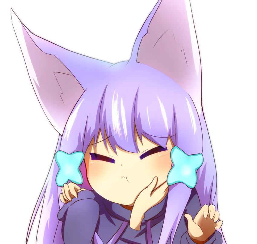 1girl :t absurdres animal_ear_fluff animal_ears bangs blue_hoodie closed_eyes closed_mouth commentary_request disembodied_limb drawstring eyebrows_visible_through_hair facing_viewer fox_ears hair_ornament hand_on_another's_cheek hand_on_another's_face hands_up highres hood hoodie idaten93 long_hair long_sleeves original purple_hair sidelocks simple_background sleeves_past_wrists solo_focus till_(idaten93) wavy_mouth white_background x_hair_ornament