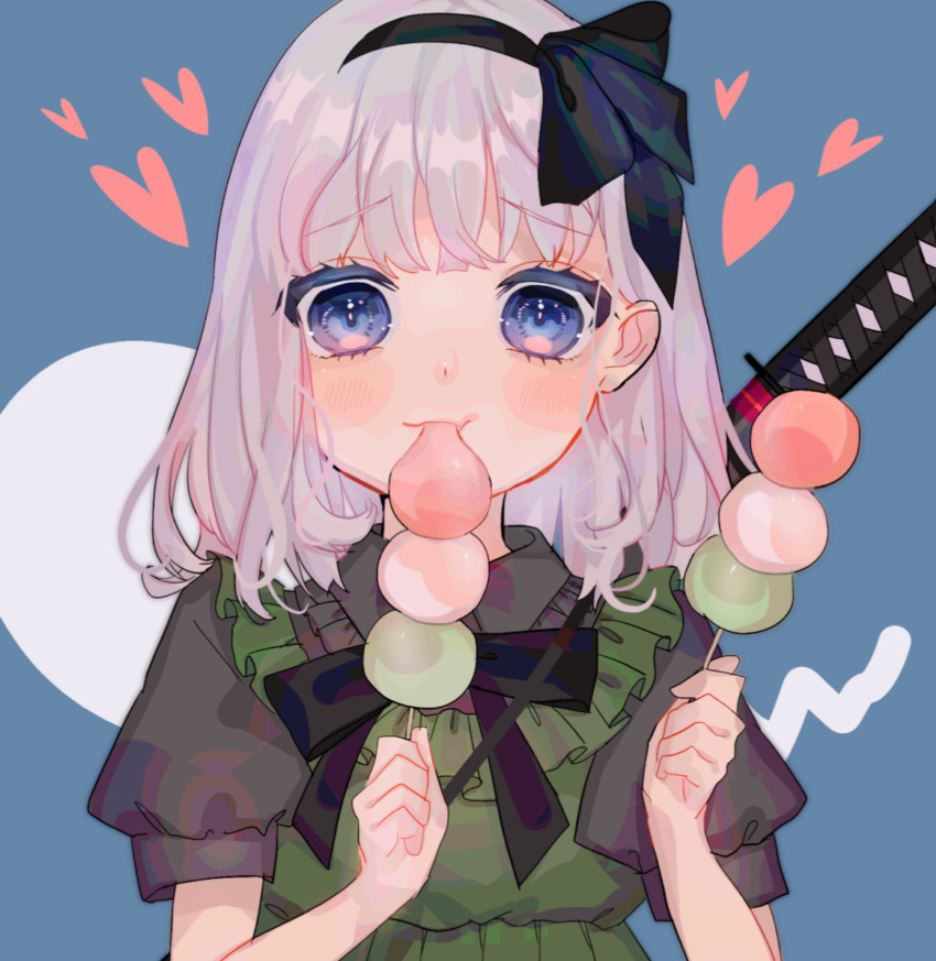 1girl bangs black_bow black_hairband blue_eyes blush bow collared_shirt dango eating eyebrows_visible_through_hair food frills hairband heart highres holding holding_food komachi_(pixiv) konpaku_youmu konpaku_youmu_(ghost) medium_hair puffy_short_sleeves puffy_sleeves sanshoku_dango shirt short_sleeves smile solo sword touhou upper_body wagashi weapon weapon_on_back white_hair