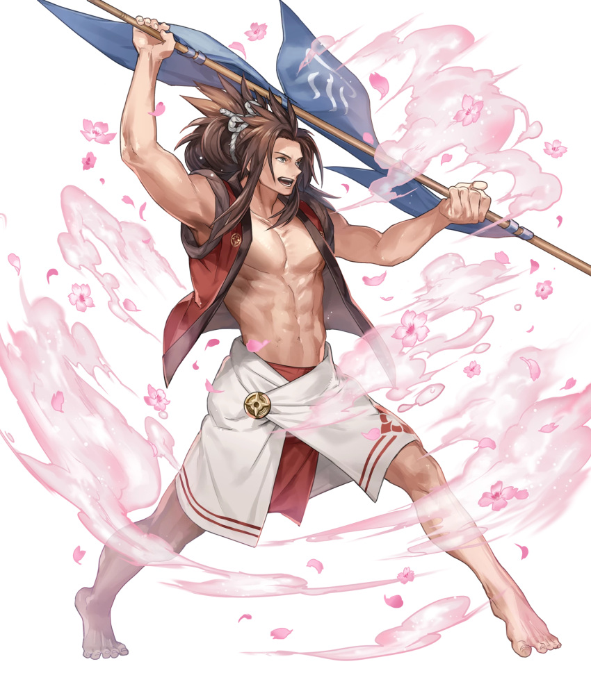 1boy abs barefoot brown_eyes brown_hair cherry_blossoms fire_emblem fire_emblem_heroes fire_emblem_if full_body highres long_hair male_focus navel nintendo official_art open_clothes open_mouth open_shirt p-nekor petals polearm ponytail ryouma_(fire_emblem_if) solo teeth transparent_background weapon