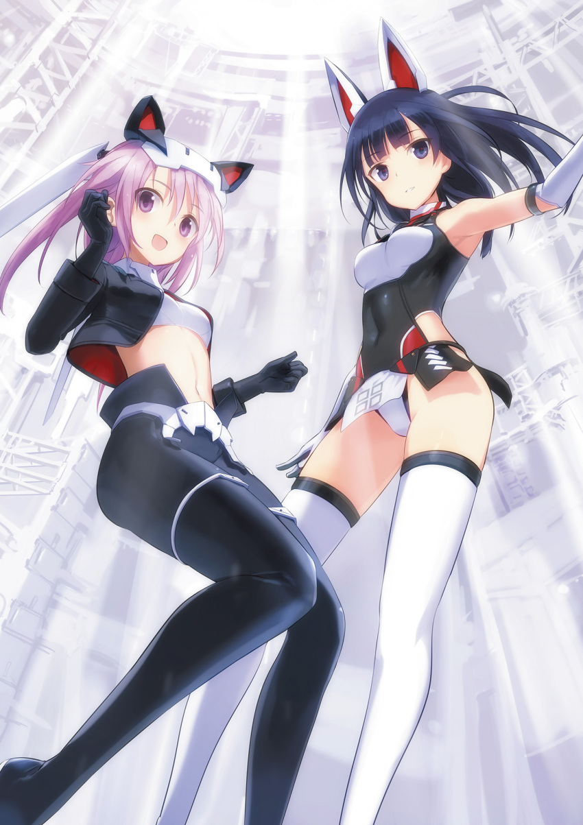 2girls agatsuma_kaede alice_gear_aegis bangs bare_shoulders black_eyes black_gloves black_hair blunt_bangs elbow_gloves gloves headgear highres hirasaka_yotsuyu leotard long_hair looking_at_viewer midriff multiple_girls navel official_art open_mouth pink_hair shimada_fumikane thigh-highs violet_eyes white_gloves white_legwear