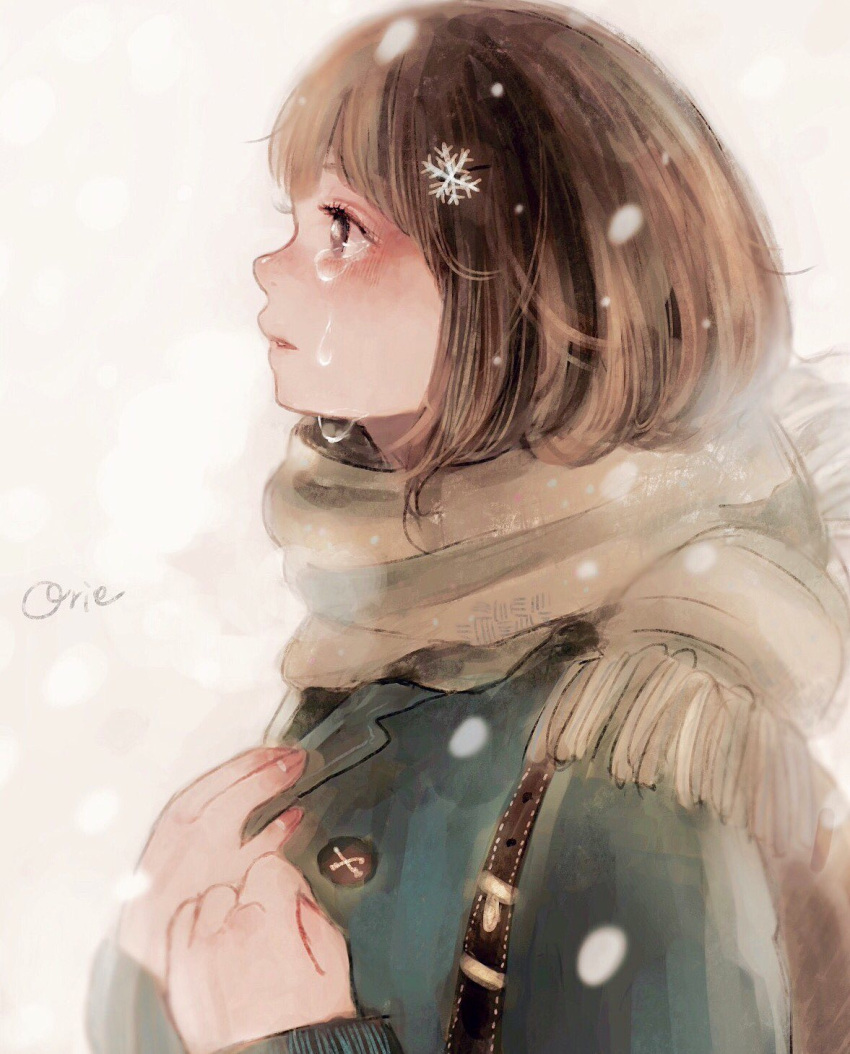 1girl artist_name brown_eyes brown_hair crying crying_with_eyes_open faux_traditional_media hair_ornament highres orie_h original scarf short_hair signature simple_background snow snowflake_hair_ornament solo tears