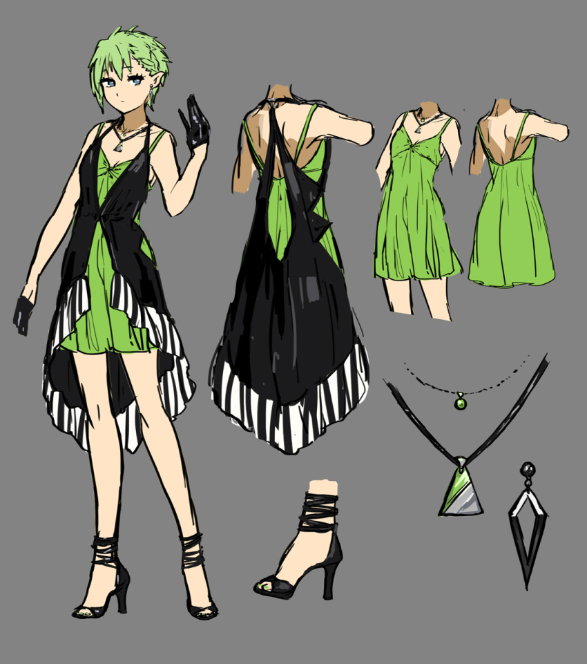 1girl black_gloves blue_eyes collarbone dress earrings full_body gloves green_hair grey_background high_heels highres jewelry looking_at_viewer macross macross_delta necklace pointy_ears pumps reina_prowler shimatani_azu short_dress short_hair simple_background sketch sleeveless sleeveless_dress solo standing