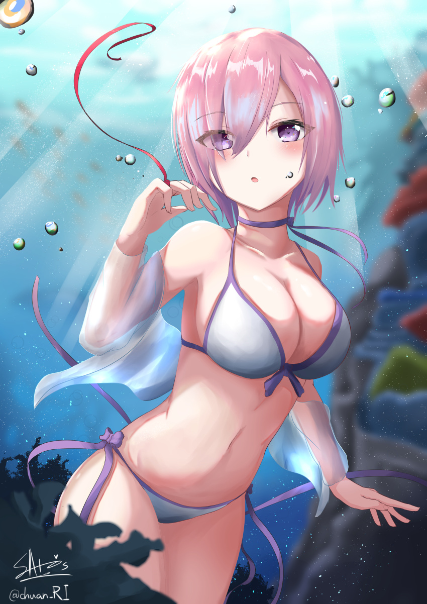 1girl absurdres artist_name bikini breasts bubble cleavage collarbone fate/grand_order fate_(series) hair_over_one_eye highres ichikawayan large_breasts light_rays mash_kyrielight navel purple_hair red_ribbon ribbon side-tie_bikini solo swimsuit underwear violet_eyes