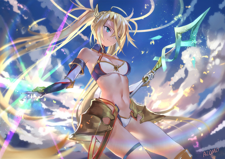 1girl azomo backlighting bangs bare_shoulders bikini blonde_hair blue_bikini blue_eyes blue_sky bradamante_(fate/grand_order) braid breasts cleavage closed_mouth elbow_gloves fate/grand_order fate_(series) faulds french_braid gloves hair_between_eyes halo highres holding holding_weapon lens_flare light_rays long_hair medium_breasts navel revision sky smile solo sparkle swimsuit thigh_strap thighs twintails two-tone_bikini very_long_hair weapon white_bikini