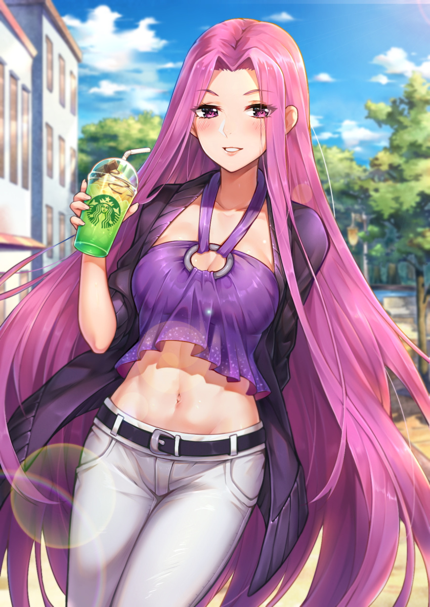 1girl alternate_costume arm_behind_back belt belt_buckle black_jacket blue_sky blurry blurry_background breasts buckle building casual chocolate_bar choukoukou_no_diaosi cleavage clouds collarbone cowboy_shot crop_top cup day depth_of_field disposable_cup drinking_straw dutch_angle fate/grand_order fate_(series) fingernails forehead halter_top halterneck highres holding holding_cup jacket large_breasts lens_flare long_fingernails long_hair looking_at_viewer midriff navel o-ring o-ring_top open_clothes open_jacket outdoors pants parted_lips purple_hair rider shiny shiny_hair short_sleeves sky smile solo starbucks stomach straight_hair town tree very_long_hair violet_eyes white_pants