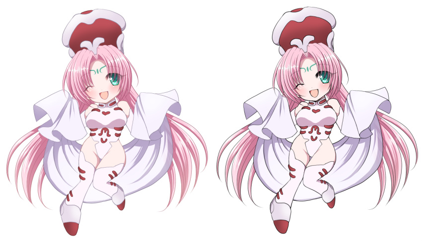 1girl bangs blue_eyes blush breasts chibi elbow_gloves facial_mark forehead_mark full_body gloves hat highleg highleg_leotard houshin_engi knees_together_feet_apart leotard long_hair open_mouth pink_hair serinac shawl simple_background smile so_dakki solo thigh-highs very_long_hair white_legwear