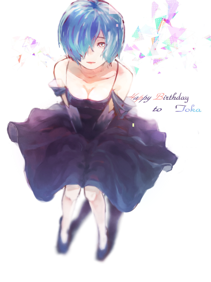 1girl absurdres alternate_costume bare_legs bare_shoulders between_legs black_dress black_footwear blue_hair blurry boots breasts character_name cleavage collarbone commentary_request dress from_above hair_over_one_eye hand_between_legs happy_birthday highres kirishima_touka light_blue_eyes looking_at_viewer looking_up medium_breasts mowar25 one_eye_covered shadow short_hair short_sleeves simple_background solo tokyo_ghoul tokyo_ghoul:re