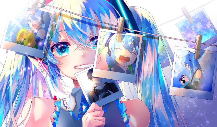 1girl absurdres bare_shoulders blue_eyes blue_hair camera closed_eyes clothes_pin clothesline commentary flower hair_ornament hatsune_miku highres holding holding_camera holding_photo looking_at_viewer master_(vocaloid) open_eyes photo_(object) shirayuki_towa smile solo sunflower twintails vocaloid