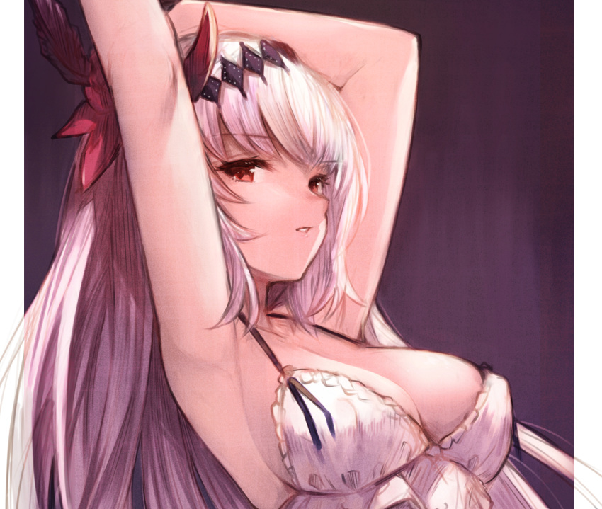 1girl armpits arms_up babydoll bangs bare_arms bare_shoulders breasts cleavage commentary_request dark_jeanne erect_nipples eyebrows_visible_through_hair frills granblue_fantasy hair_ornament highres jeanne_d'arc_(granblue_fantasy) koretsuki_azuma long_hair looking_at_viewer medium_breasts parted_lips red_eyes revision solo upper_body white_babydoll white_hair