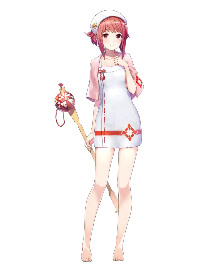 1girl amagai_tarou bangs bare_legs barefoot breasts dress feet fire_emblem fire_emblem_heroes fire_emblem_if full_body highres holding nintendo official_art pink_hair red_eyes sakura_(fire_emblem_if) shiny shiny_hair short_dress short_hair sidelocks small_breasts solo toes towel towel_around_neck towel_on_head